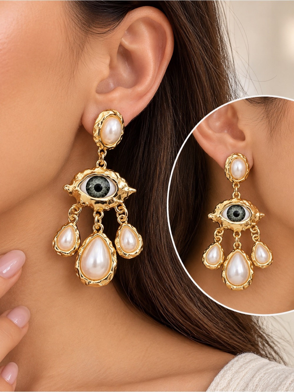 Gold Eye Motif Pearl Drop Earrings with Green Accent